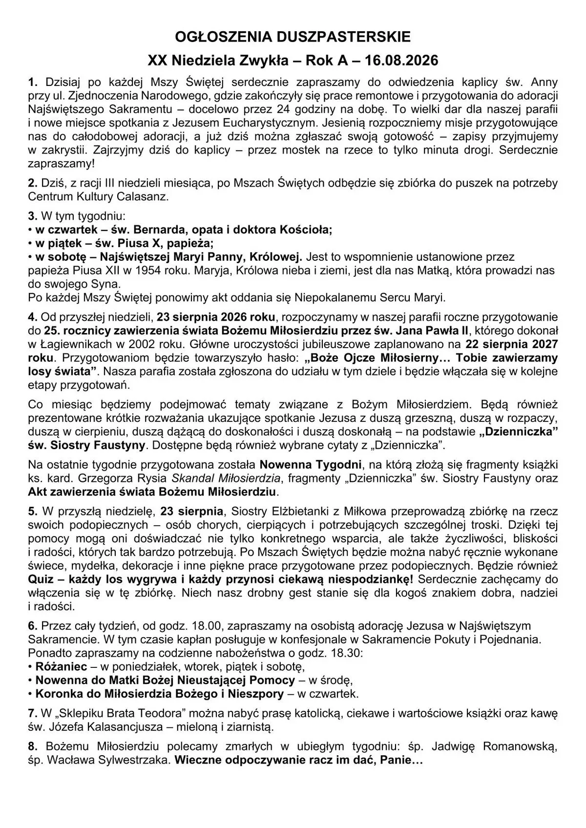 Oryginalna plansza: XX Niedziela Zwykła – 16 sierpnia 2026