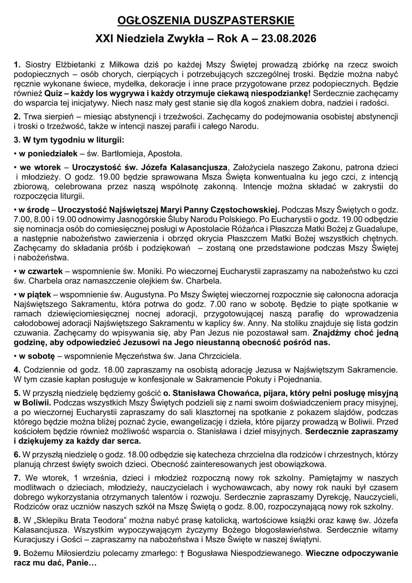 Oryginalna plansza: XXI Niedziela Zwykła – 23 sierpnia 2026